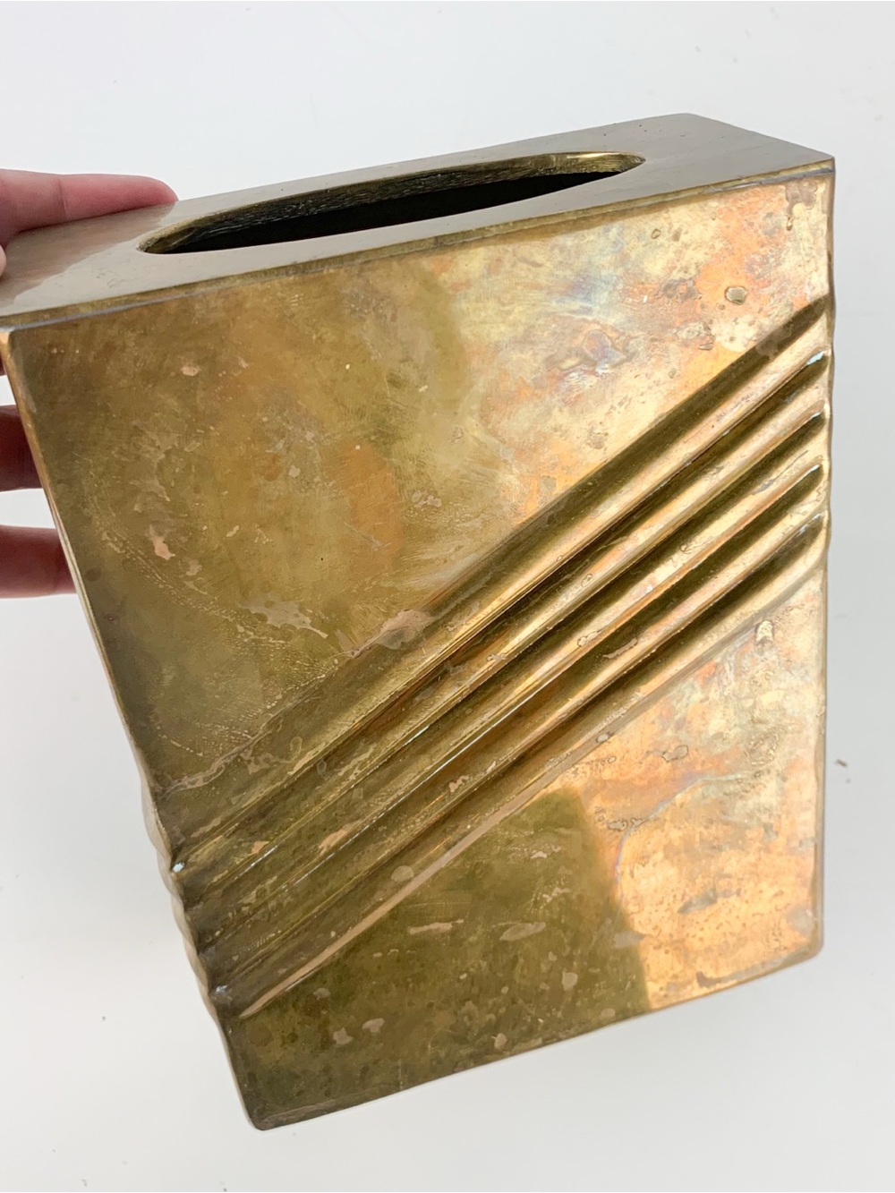 Vintage 80s Art Deco Revival Brass Rectangular Vase Napkin Tissue Holder Retro